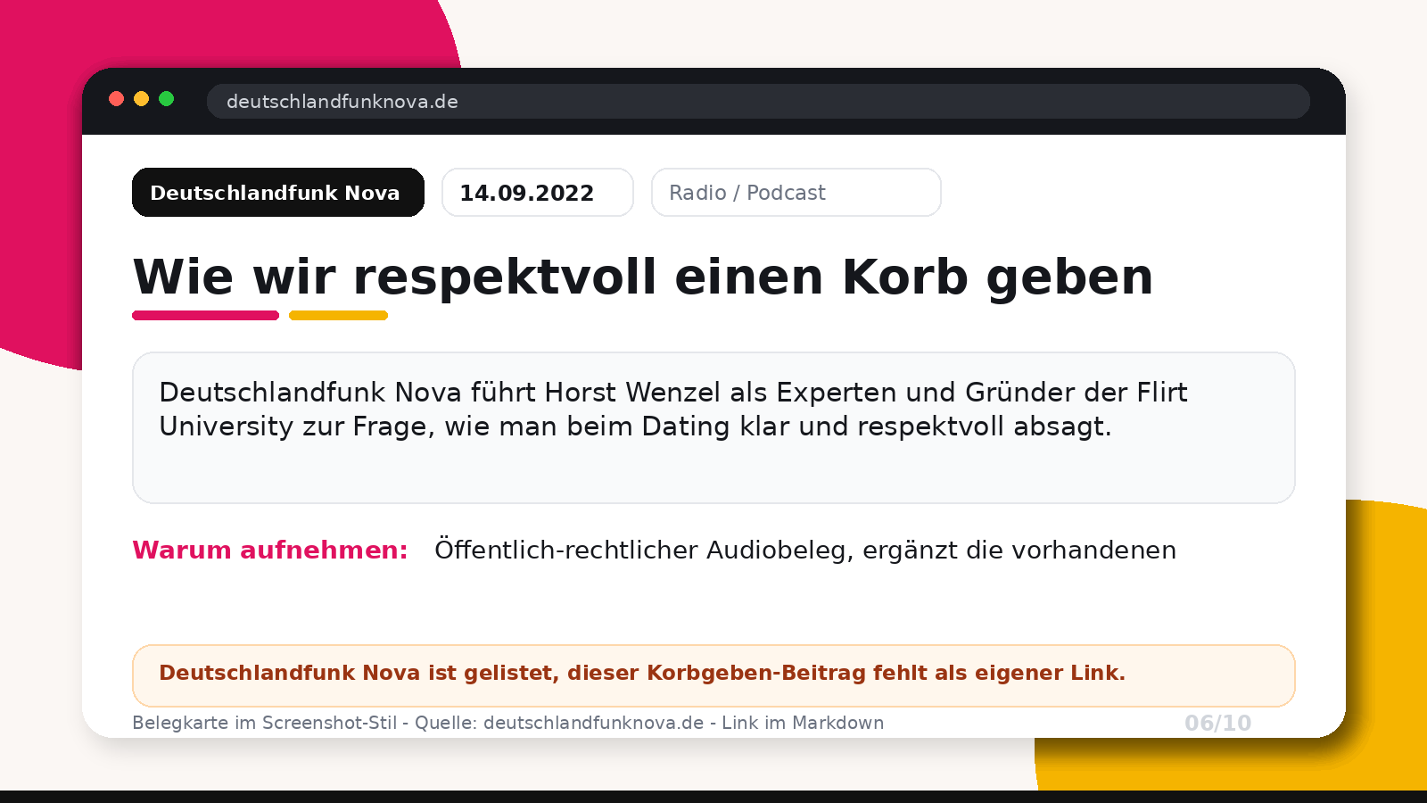 Deutschlandfunk Nova: Respektvoll einen Korb geben, mit Horst Wenzel