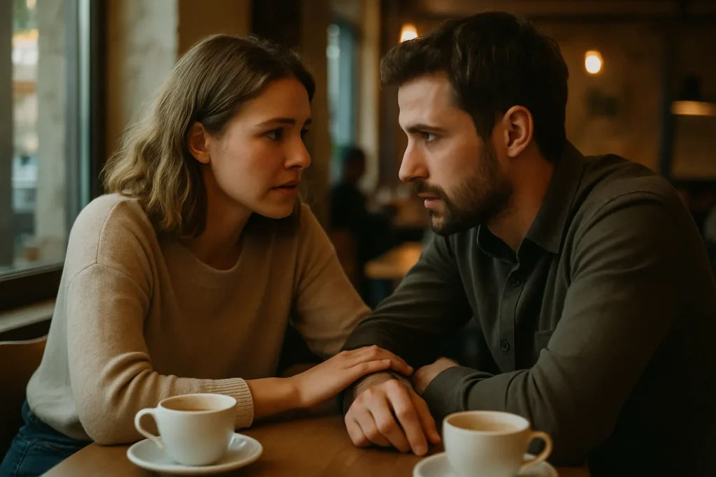 Paar führt das Was-sind-wir-Gespräch im Café