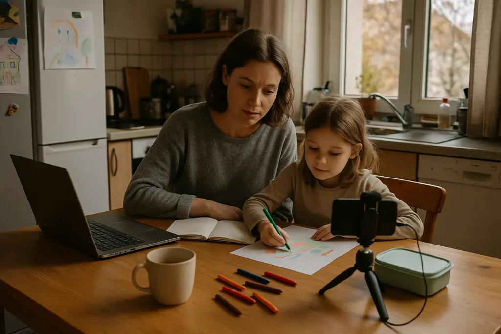 Alleinerziehende Mutter plant am Küchentisch ihren Onlinekurs, die Tochter malt neben ihr